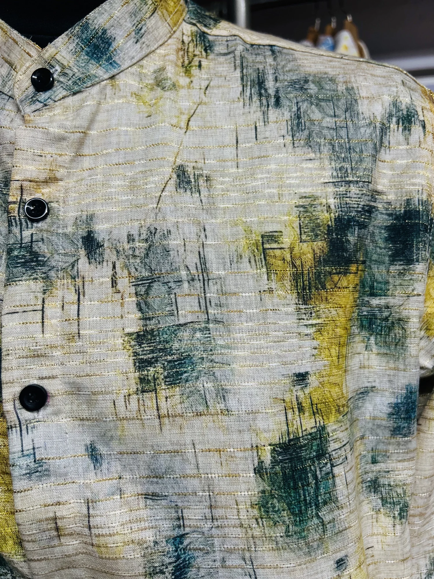Shirt, beige with green and yellow abstract print, mandarin collar, button front