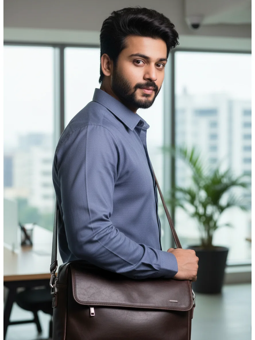 Blue shirt, worn by model, front view, long sleeves, collar visible