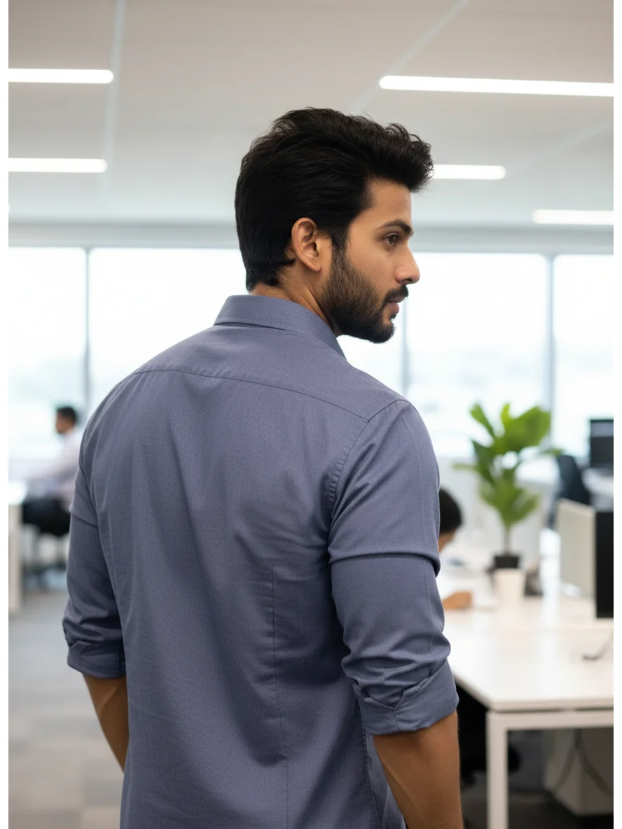 Blue shirt, back view, collar, rolled sleeves, worn by a model