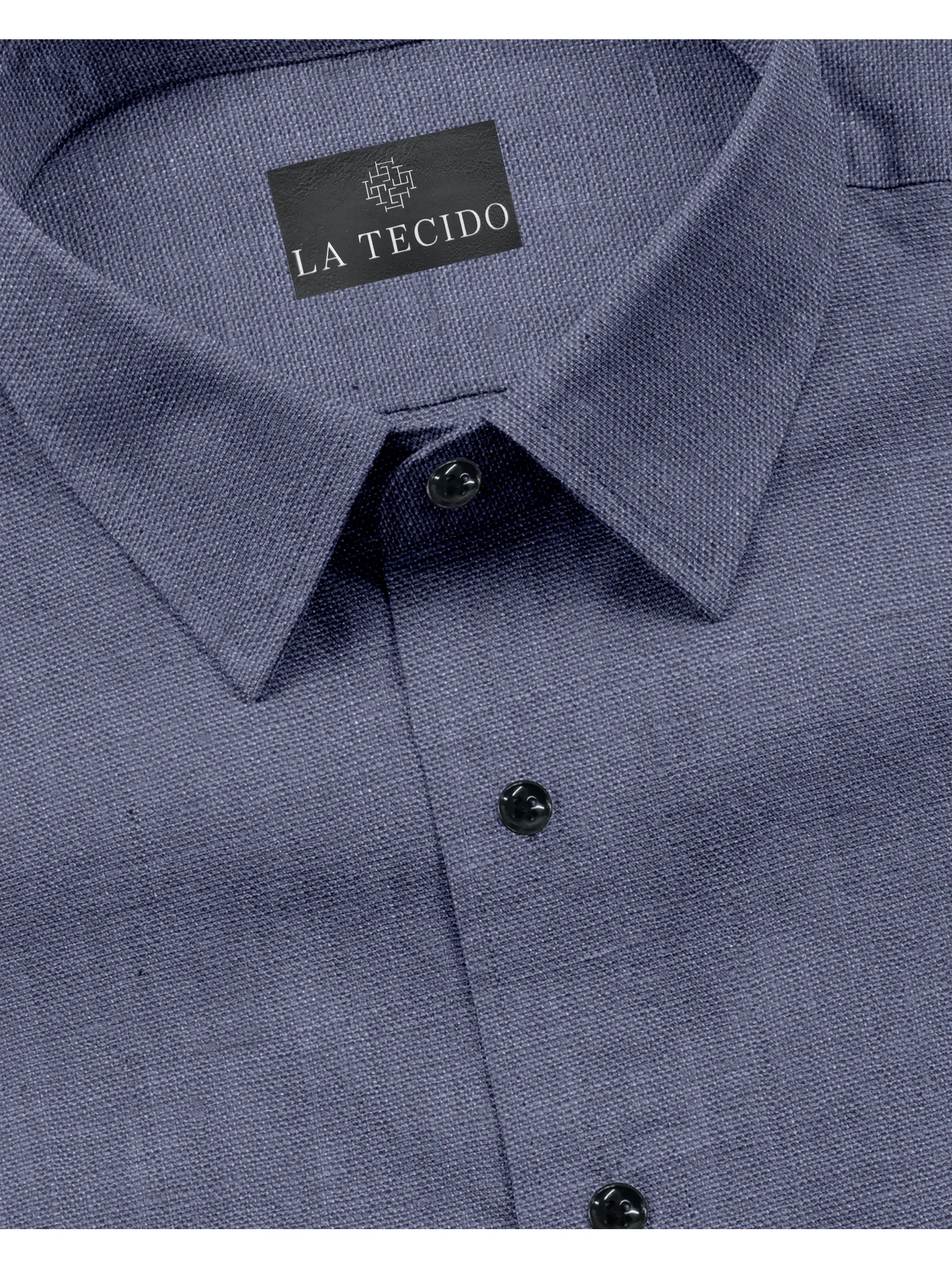 Blue shirt, collar up, buttons, close-up