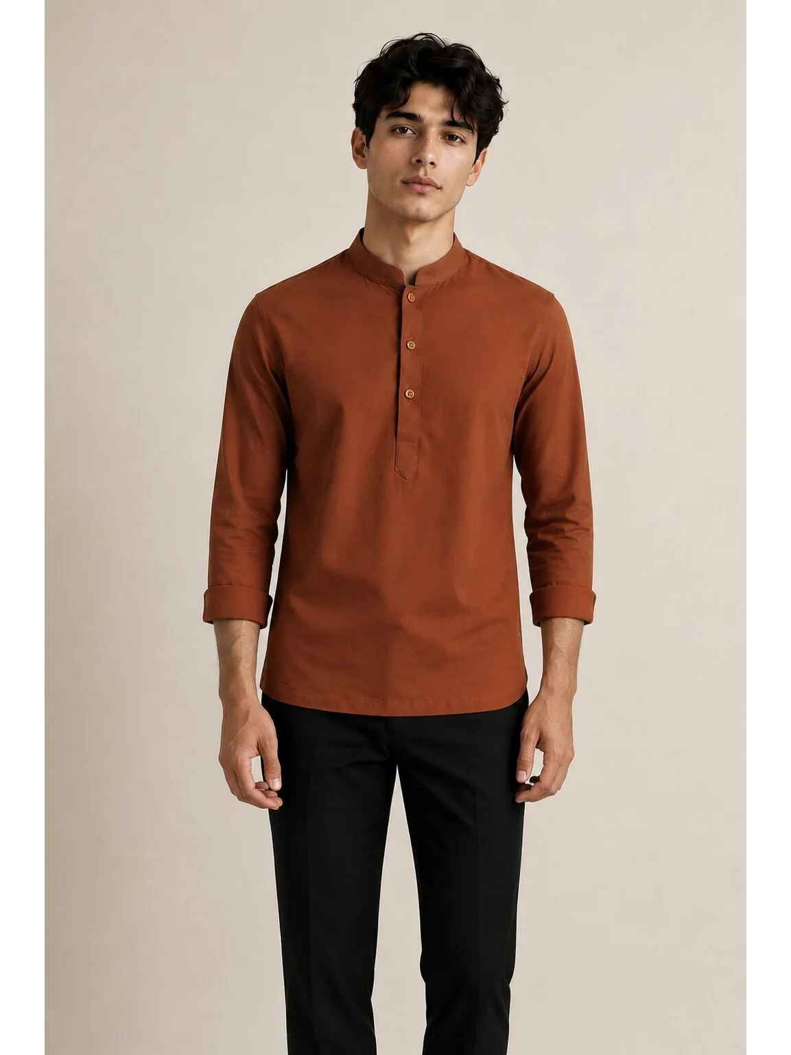 Brown short kurta, front view, model, mandarin collar, 3 buttons, 3/4 sleeves