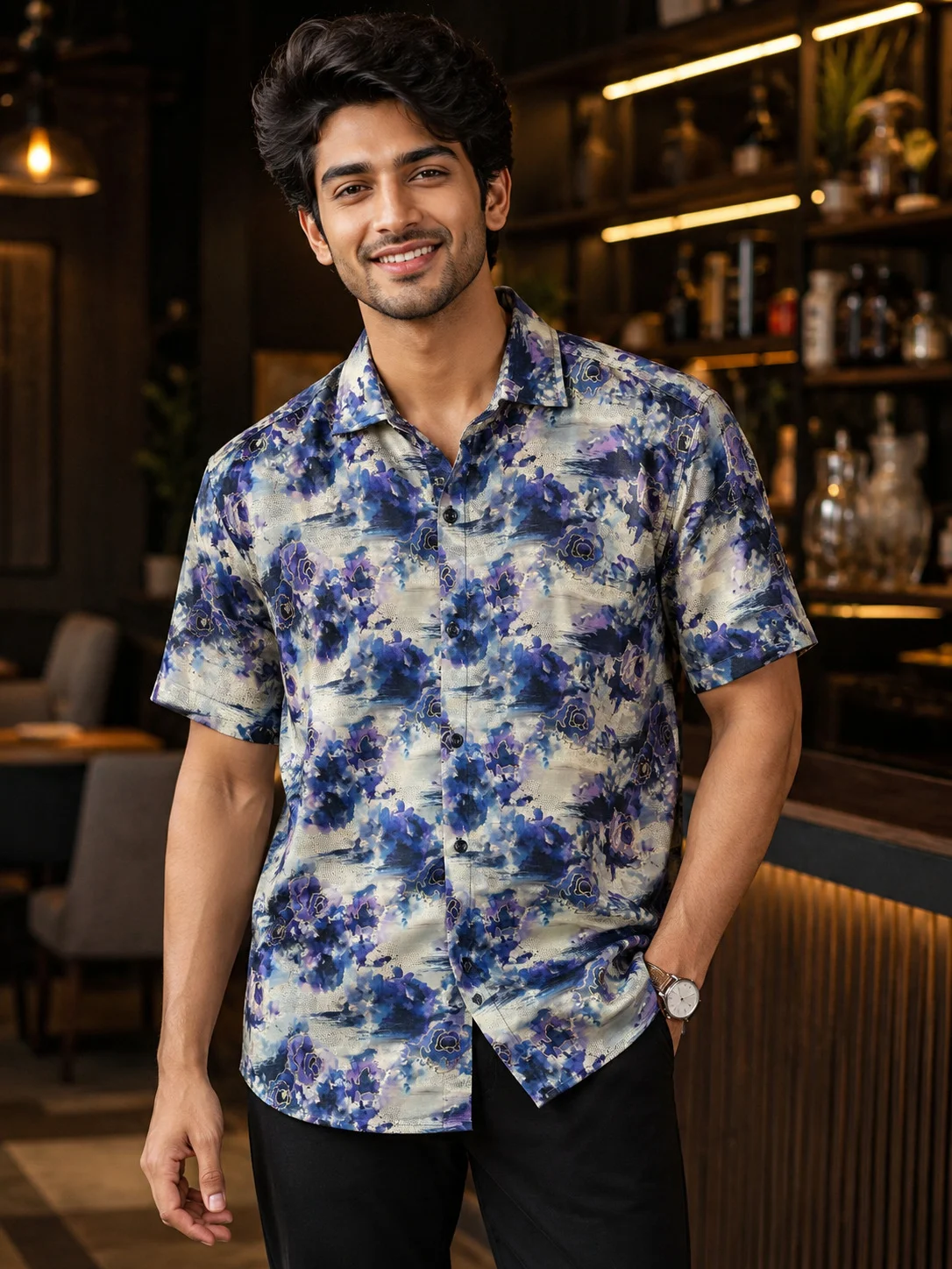 Cotton Blend Floral Print Regular Fit Shirt in Blue & Grey