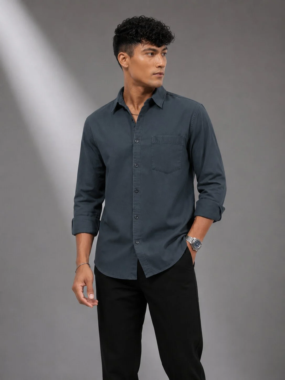Grey shirt kurta, front view, worn by a model, collar, buttons, one pocket, rolled sleeves