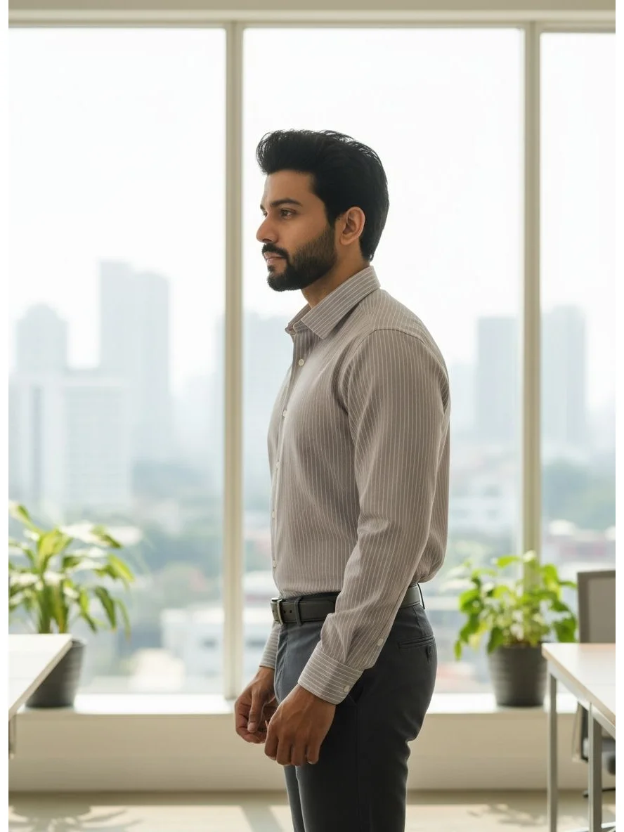 A model in profile wears a long-sleeve grey striped shirt with a collar