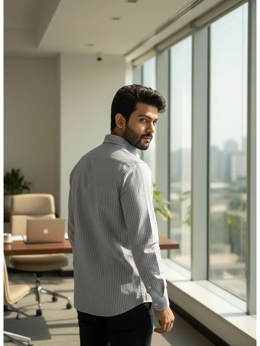 Back view of a man wearing a grey striped long-sleeve shirt by a window