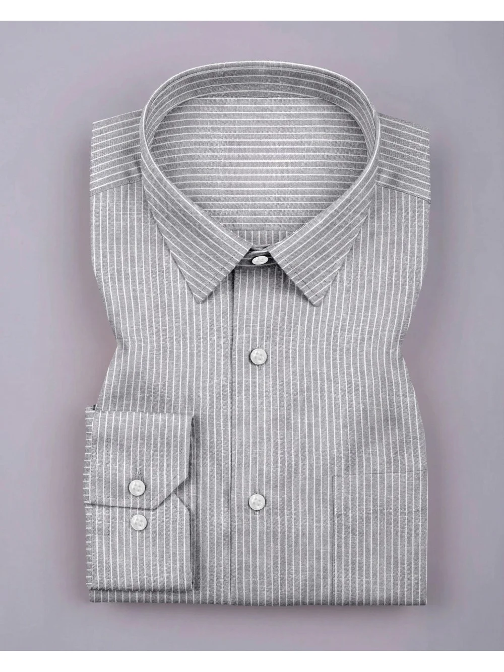 Folded grey striped shirt with long sleeves, collar, and white buttons