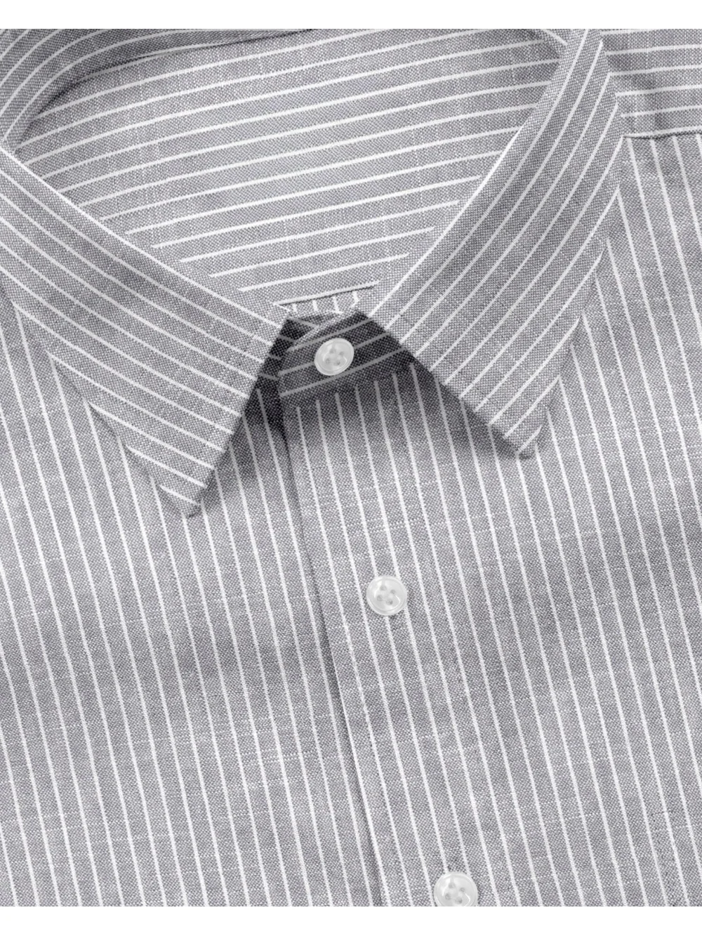 Grey striped shirt, collar and top buttons visible, close-up