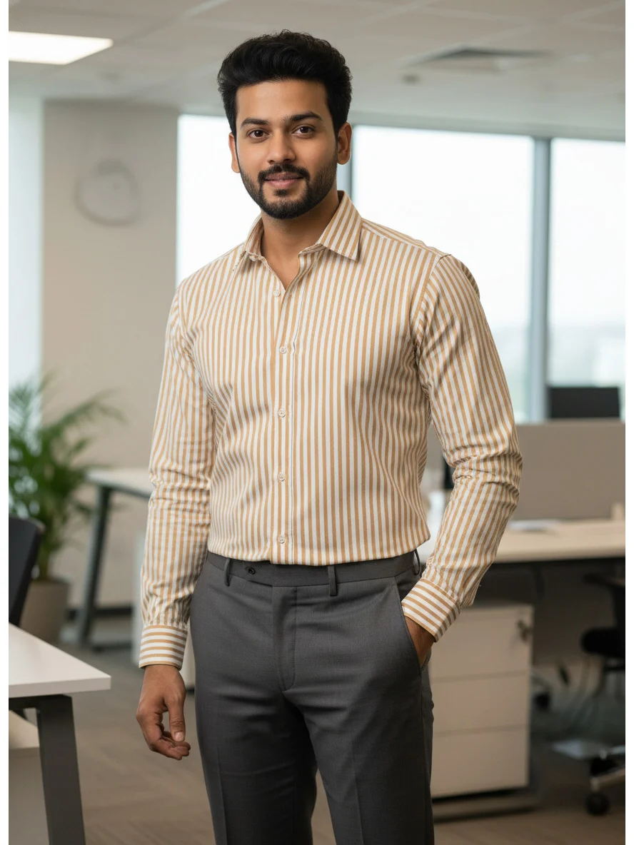 Cotton Striped Regular Fit Shirt in Mustard