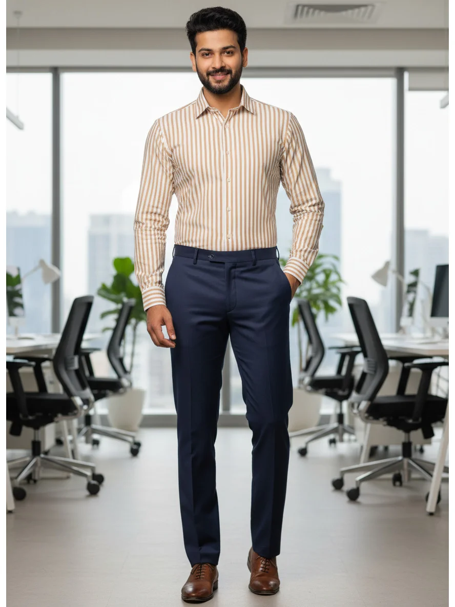 Long sleeved striped shirt, beige and white, worn by a model, buttoned up, collar visible