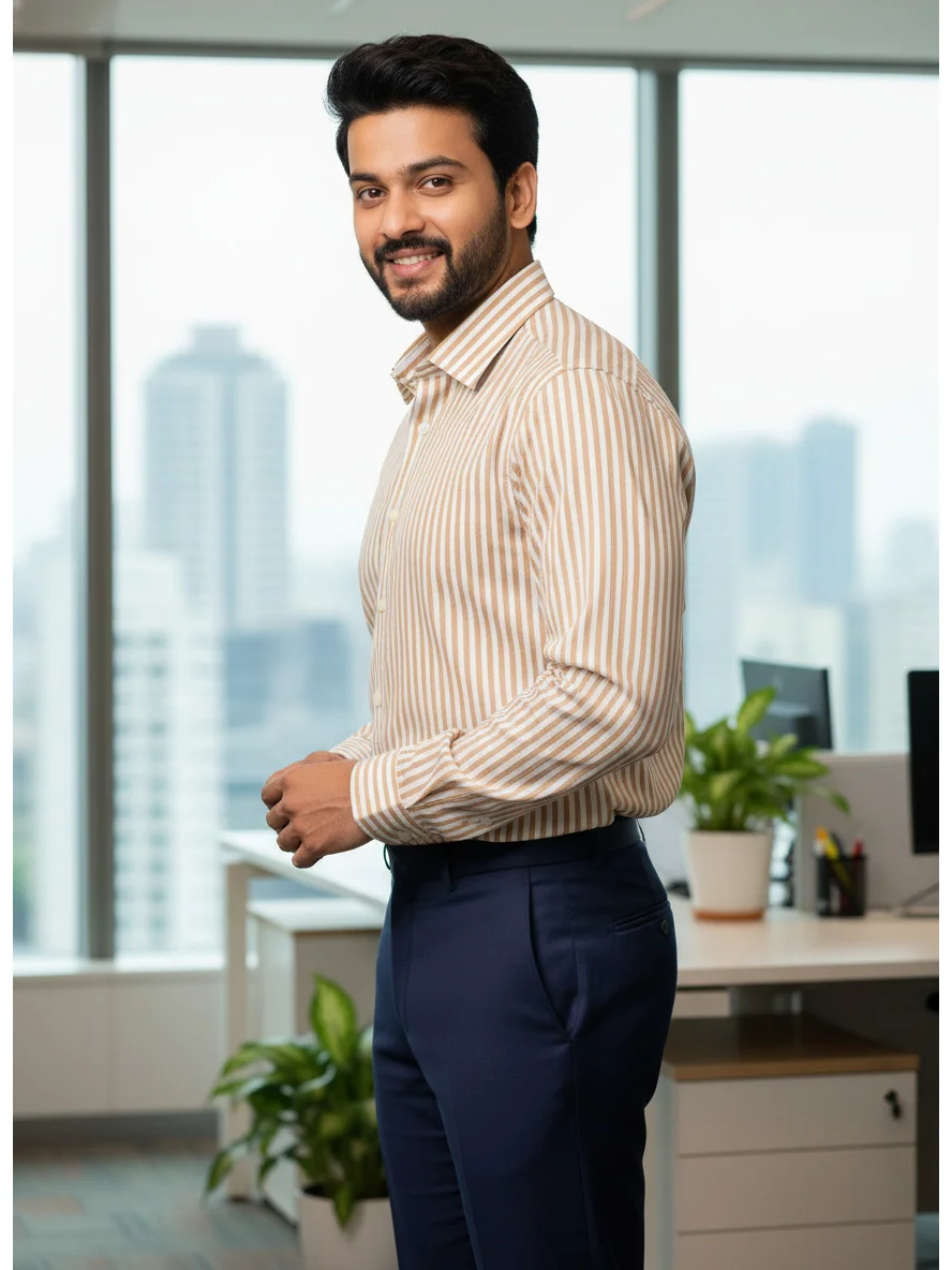 Striped shirt, beige and white, worn by a model, long sleeves, buttoned cuffs