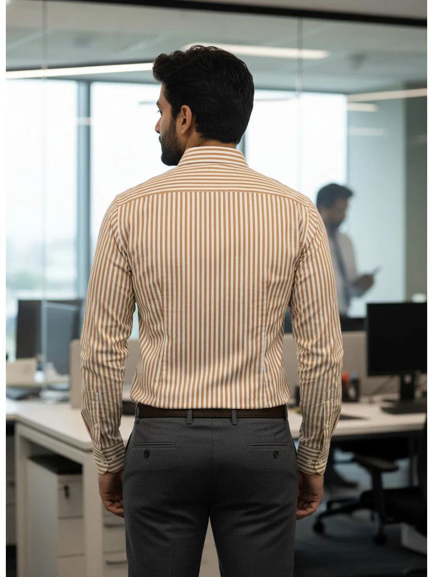 Striped shirt, back view, mustard and white stripes, long sleeves, collar visible