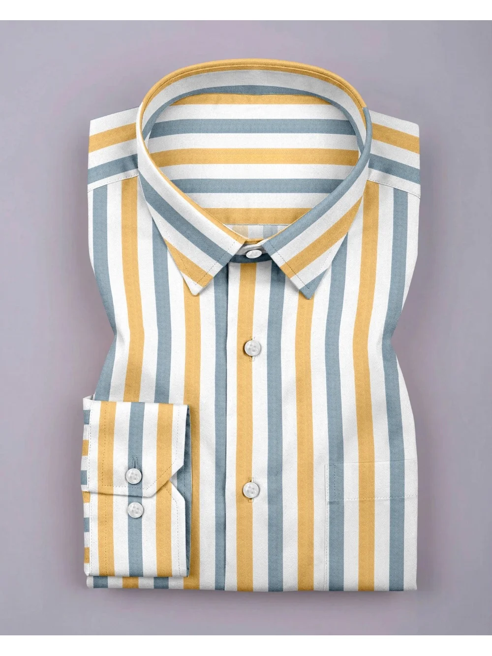 Yellow, blue, and white striped dress shirt, folded, collar visible, buttons