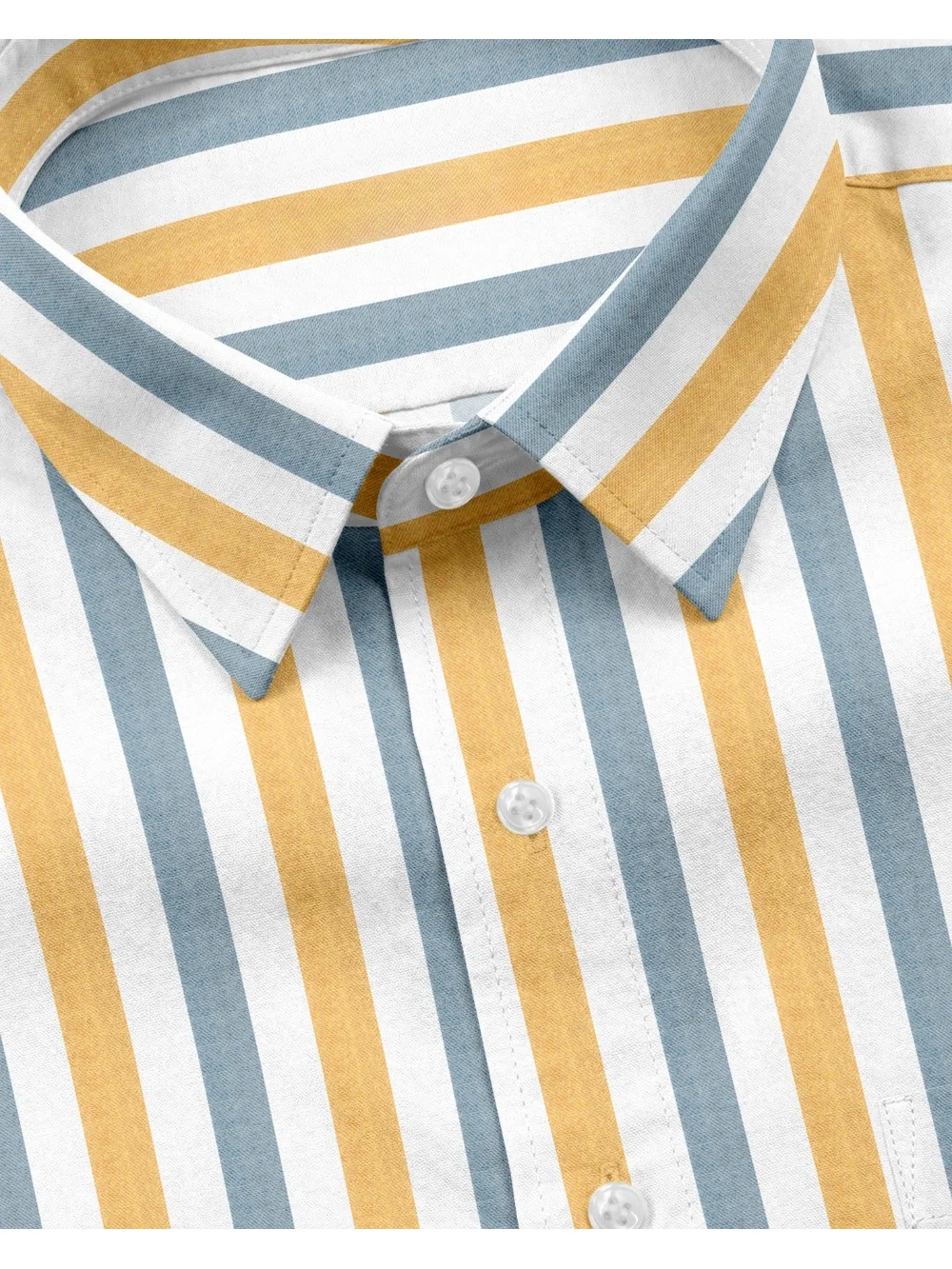 Striped shirt, collar and buttons visible, yellow, blue, and white stripes