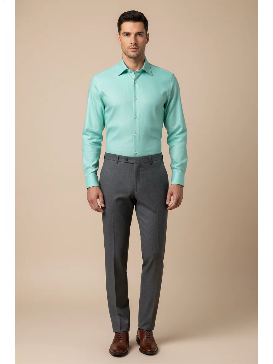 Sea green long-sleeve button-down collar shirt, worn by a model