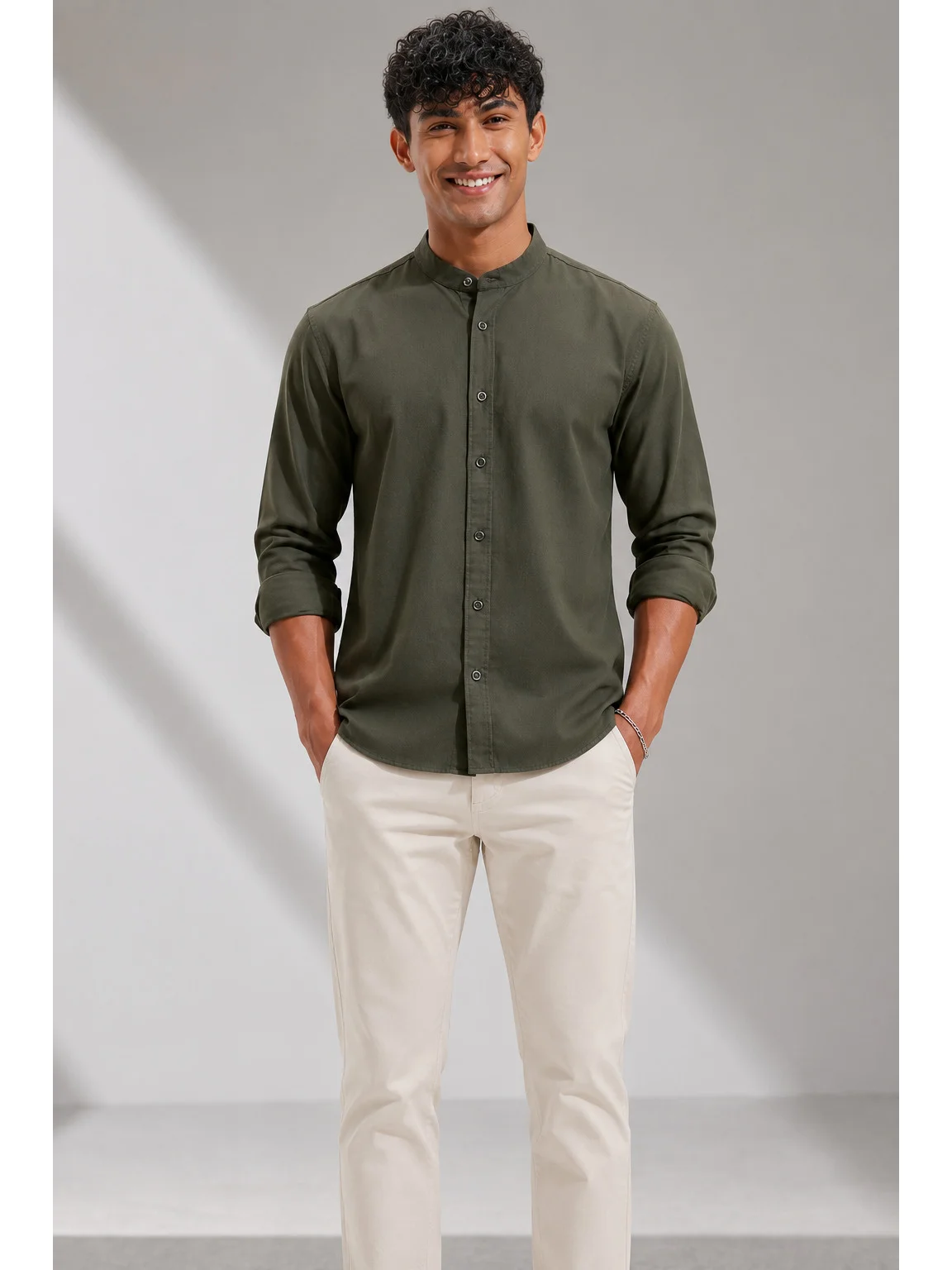 Cotton Blend Solid Regular Fit Shirt Kurta in Dark Olive Green