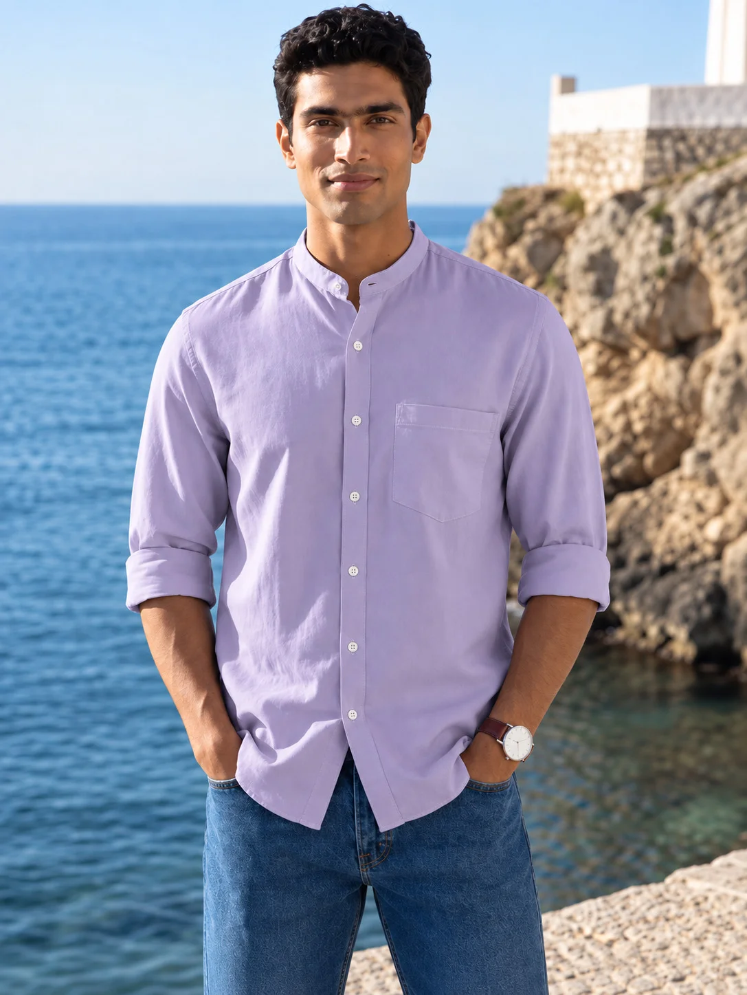 Cotton Blend Solid Regular Fit Shirt Kurta in Purple