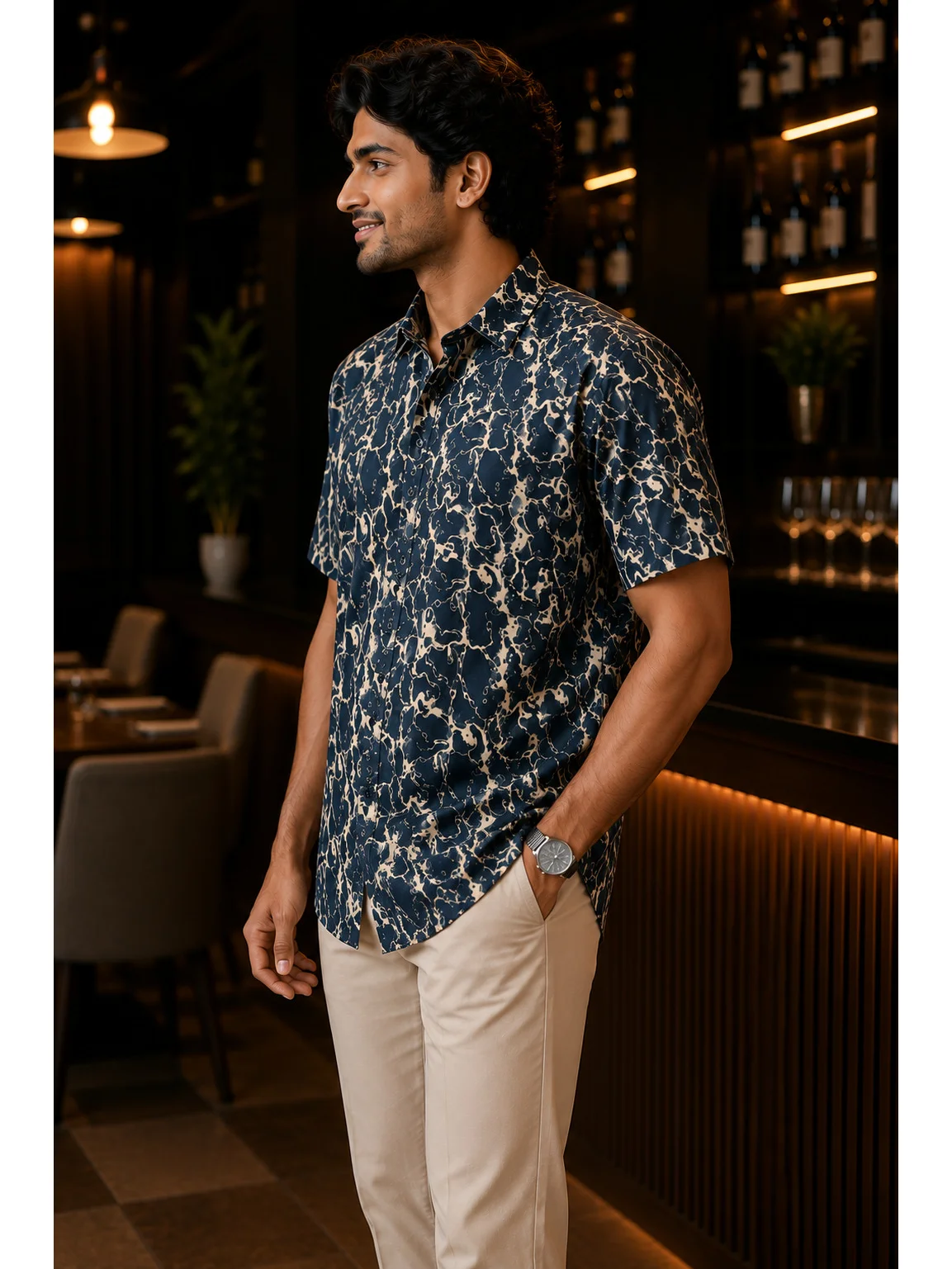Short-sleeved shirt, navy blue and beige floral print, collar, buttons, pocket