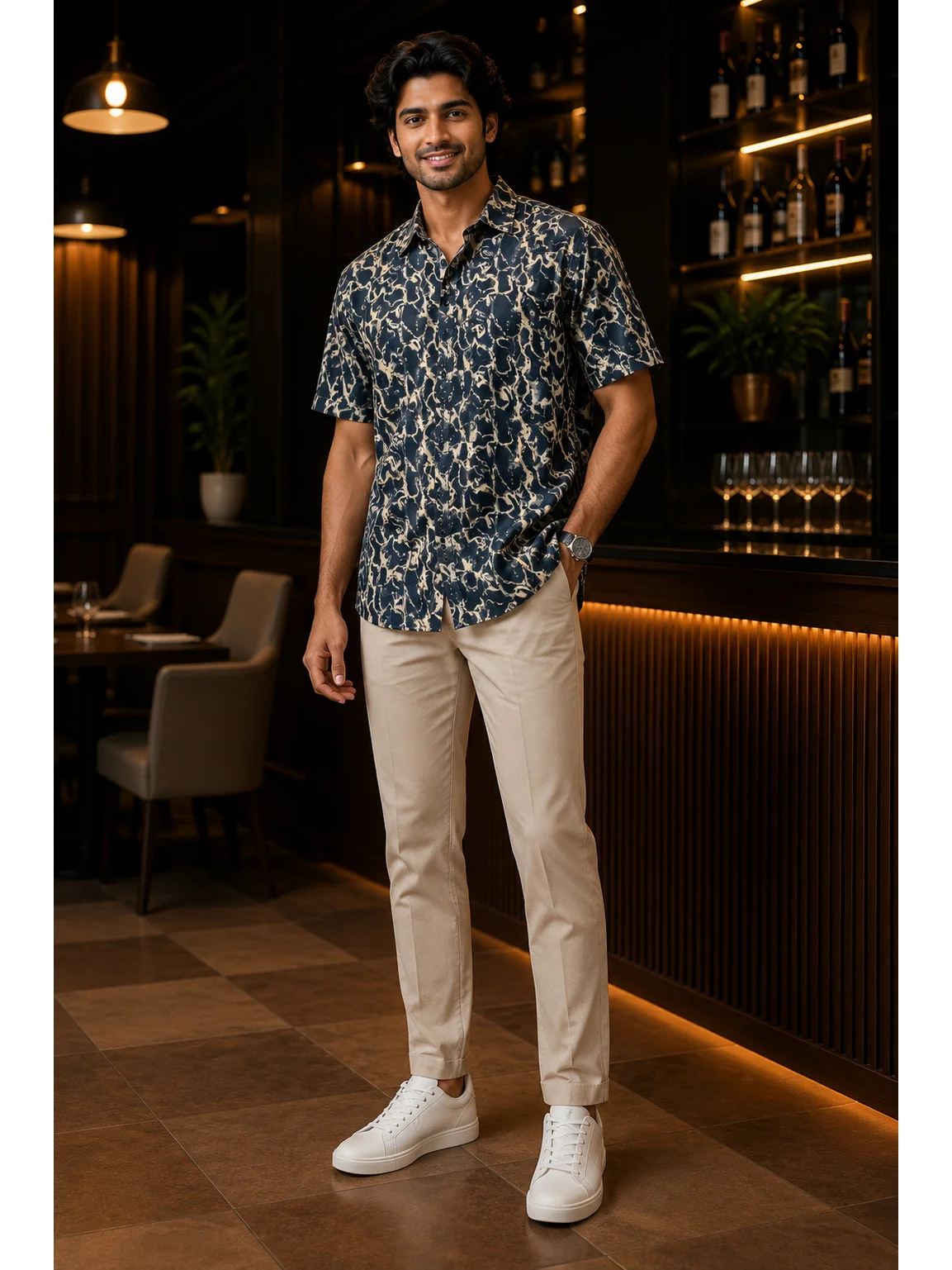 Short sleeved shirt, navy blue and beige floral print, collar, buttons, worn by a model