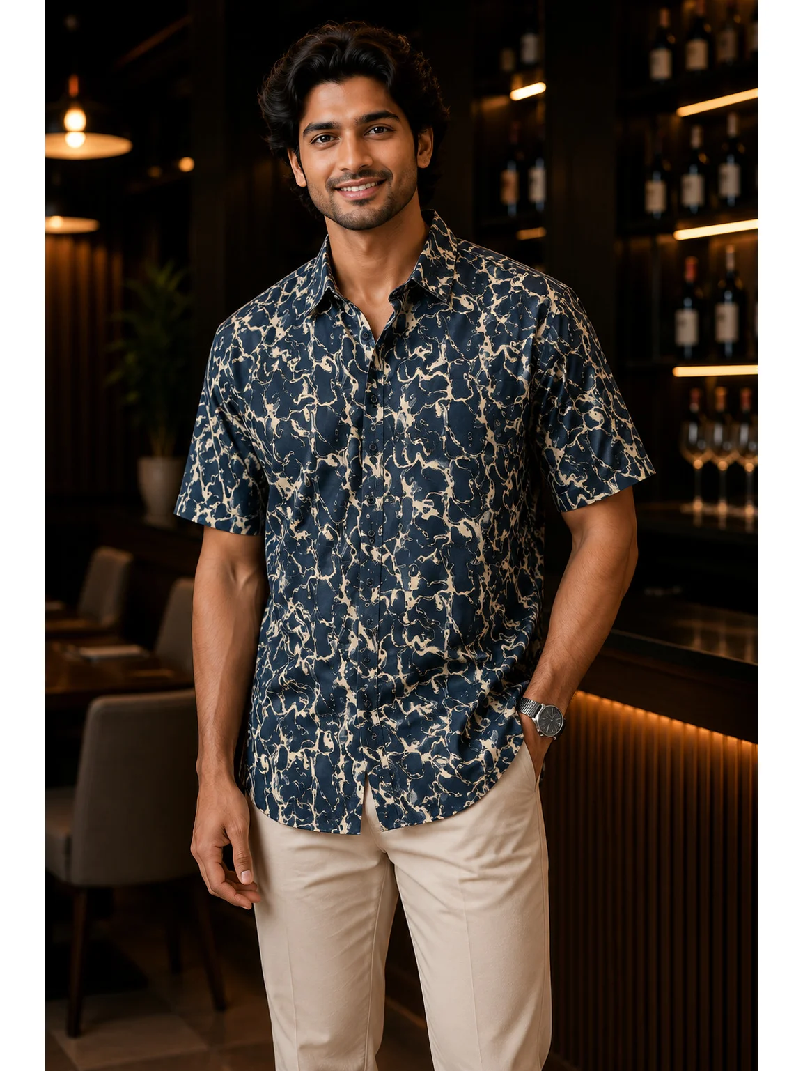 Cotton Blend Floral Print Regular Fit Shirt in Navy Blue & Beige