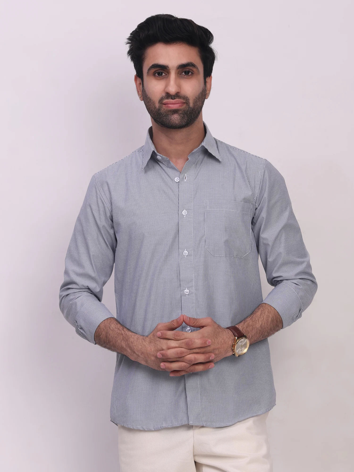 Poplin Cotton Striped Regular Fit Shirt in Blue