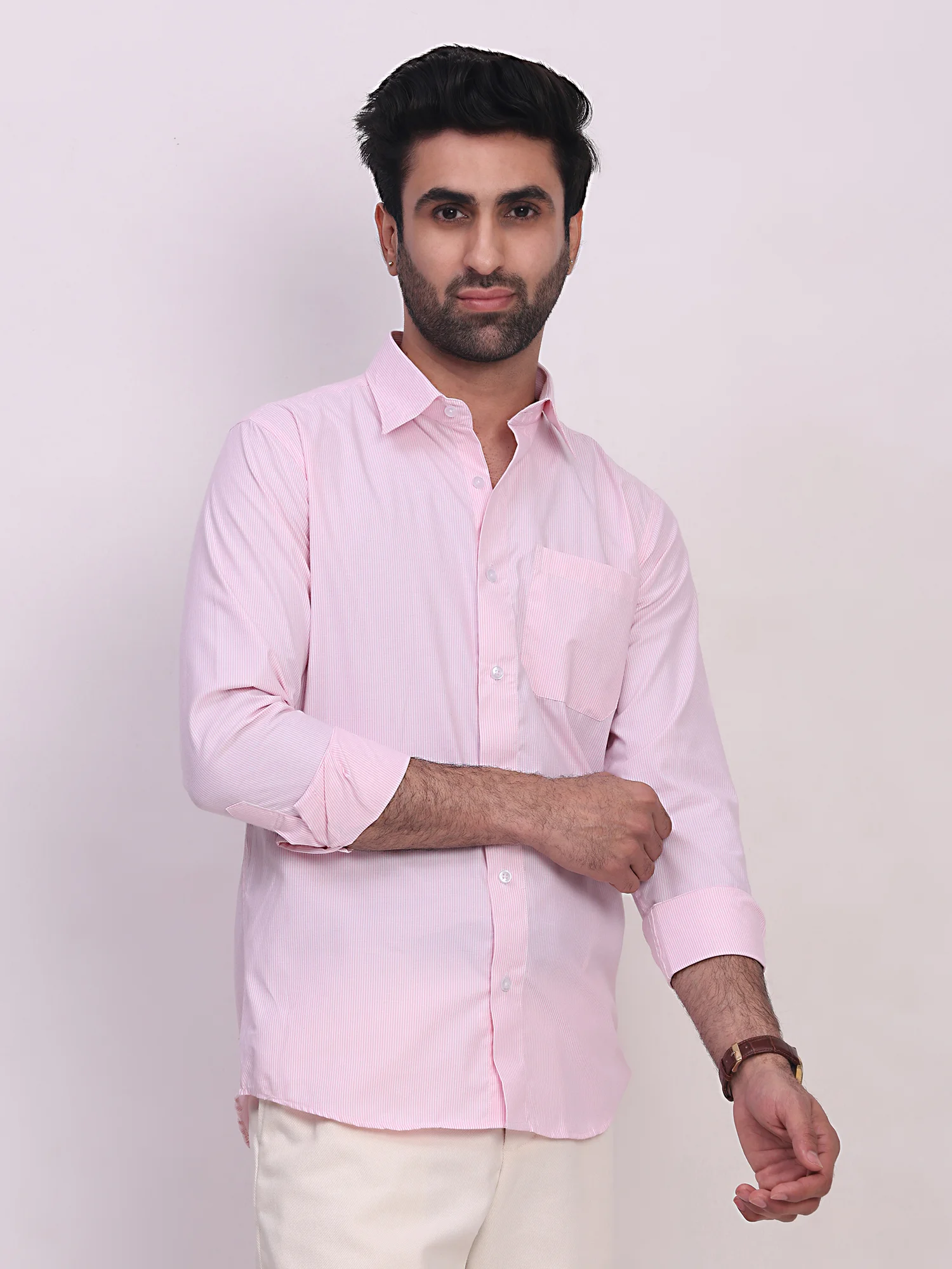 Poplin Cotton Striped Regular Fit Shirt in Pink