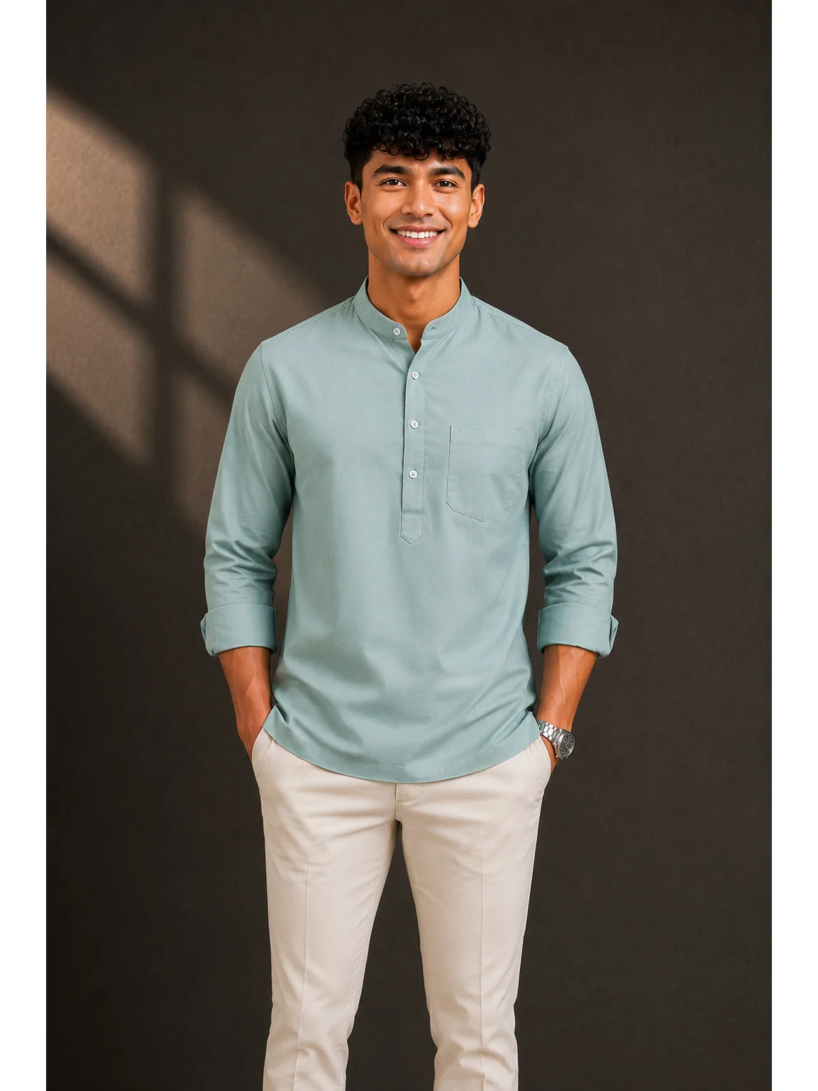 Sea green short kurta, mandarin collar, chest pocket, buttons, cuffed sleeves, worn by a model