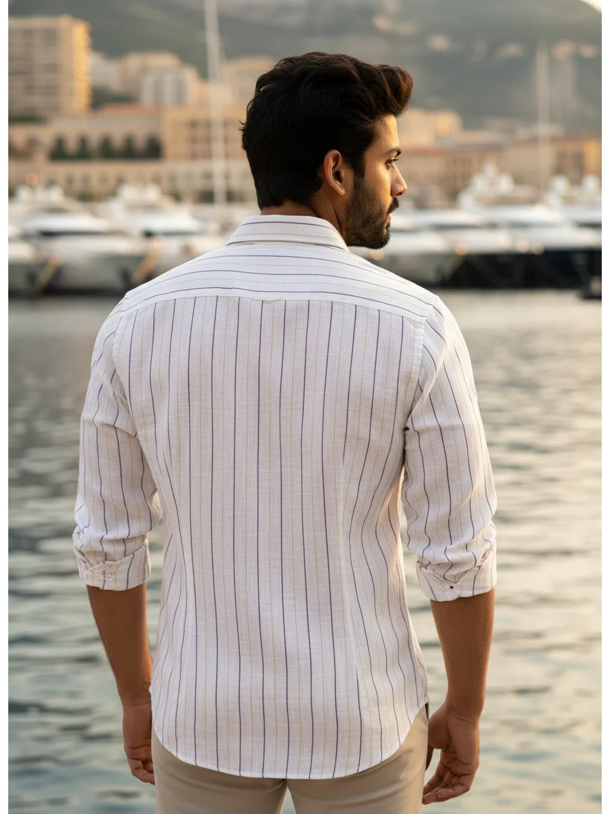 White and brown striped shirt, back view, worn by a model, collar and sleeves visible