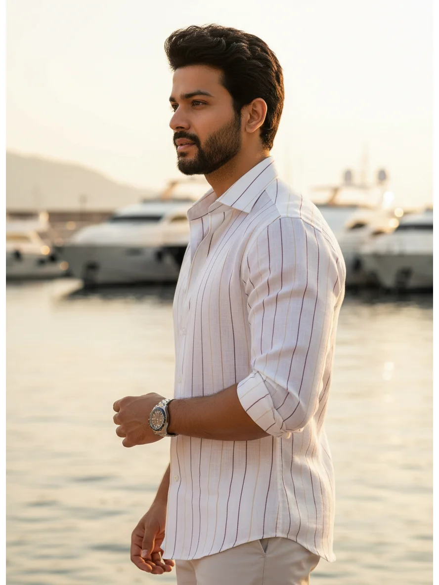 White shirt with thin brown stripes, collar, buttons, rolled-up sleeves, worn by a model