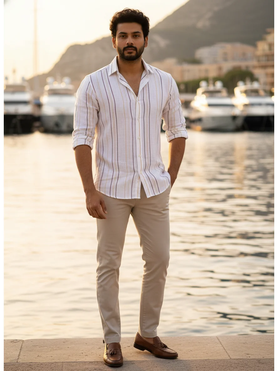White and brown striped shirt, front view, worn by a model, rolled sleeves, buttons visible