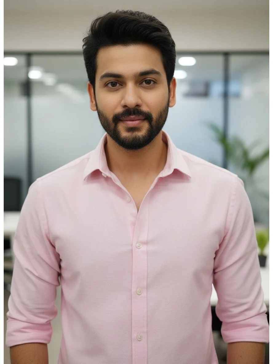 Pink button-down shirt, front view, worn by a model, collar spread, long sleeves