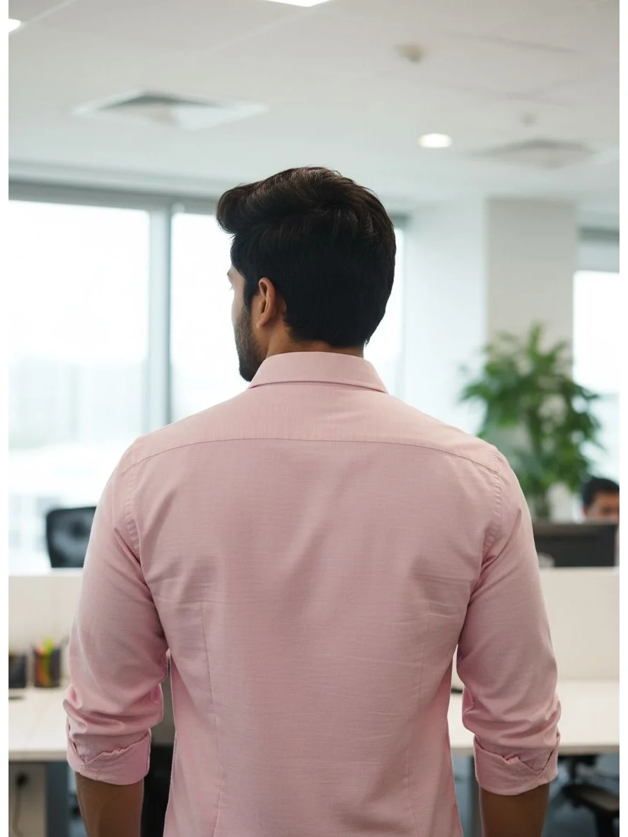 Pink shirt, back view, worn by a model, collar visible, sleeves rolled up