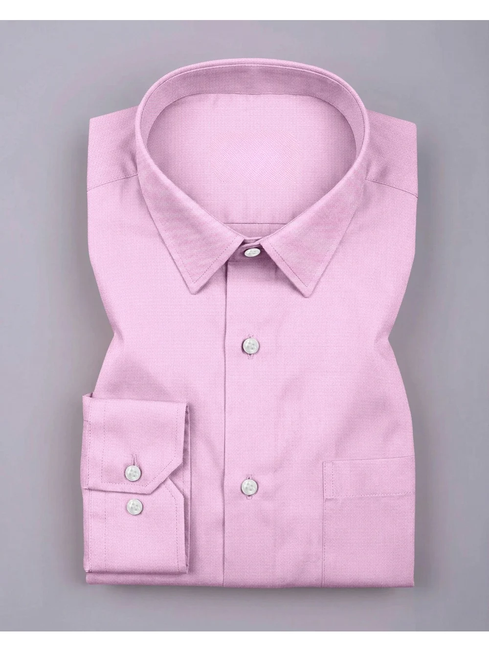 Pink dress shirt, front view, folded, collar, buttons, cuffs, pocket