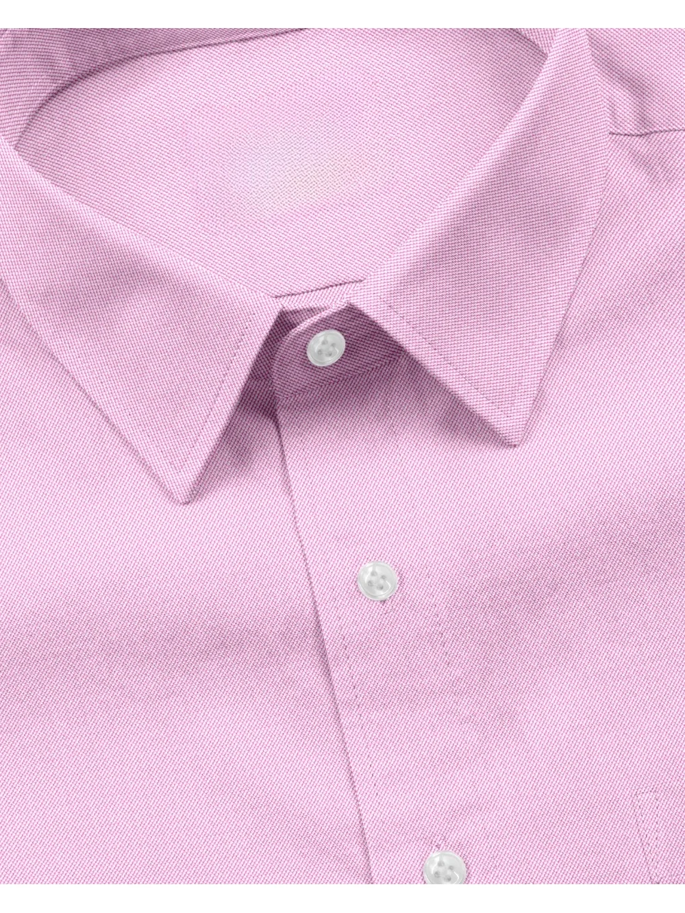 Pink shirt, collar and buttons visible, close-up view
