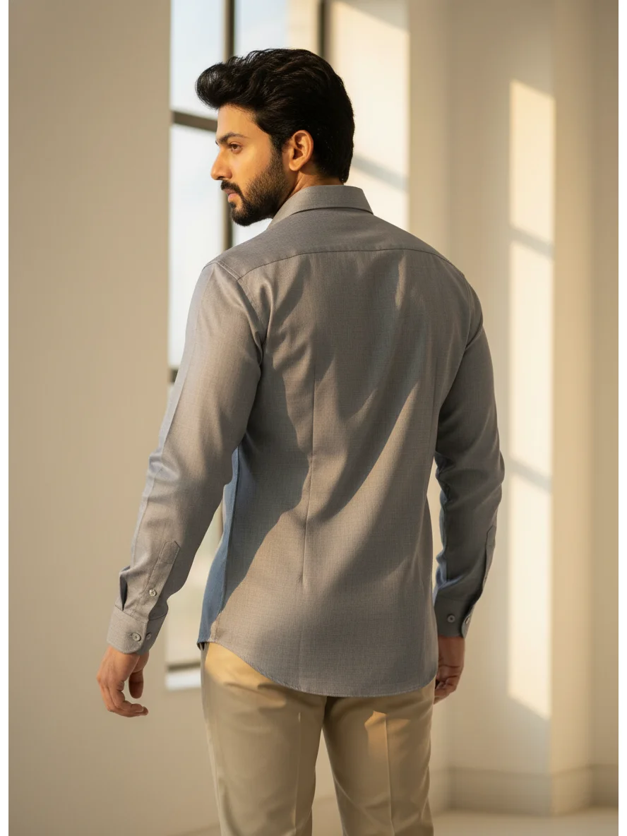 Light grey shirt, back view, collar, long sleeves, buttons on cuffs