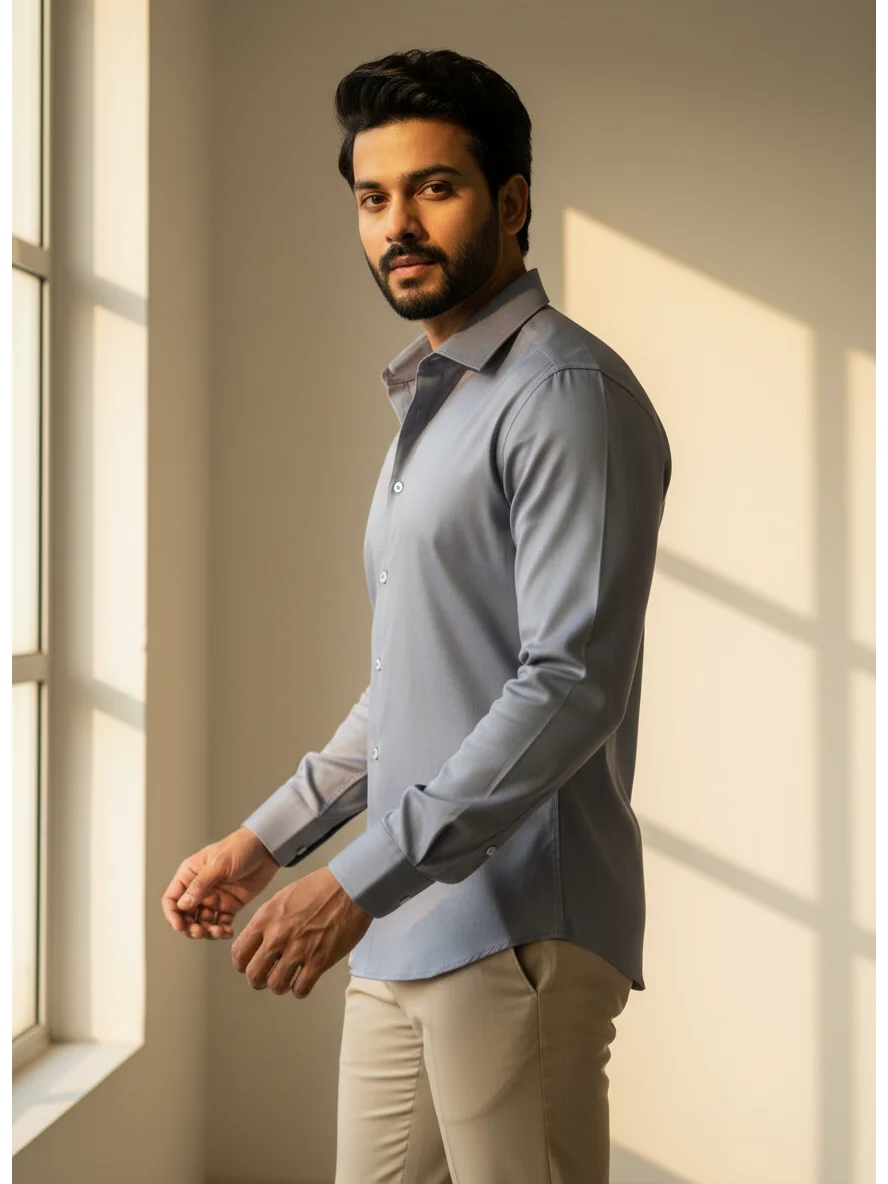 Light grey shirt, collar, long sleeves, buttons, worn by a model