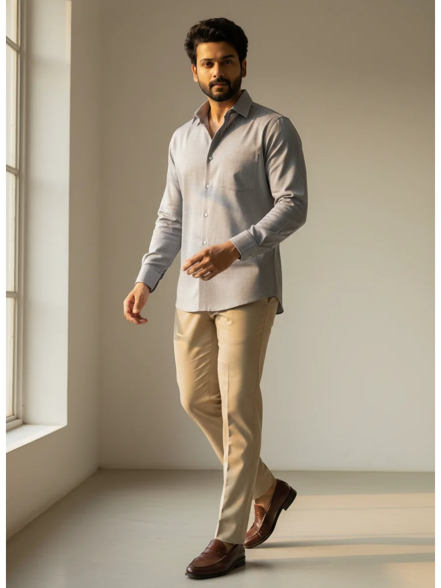 Light grey long-sleeve shirt, worn by a model, buttons, collar, one chest pocket visible
