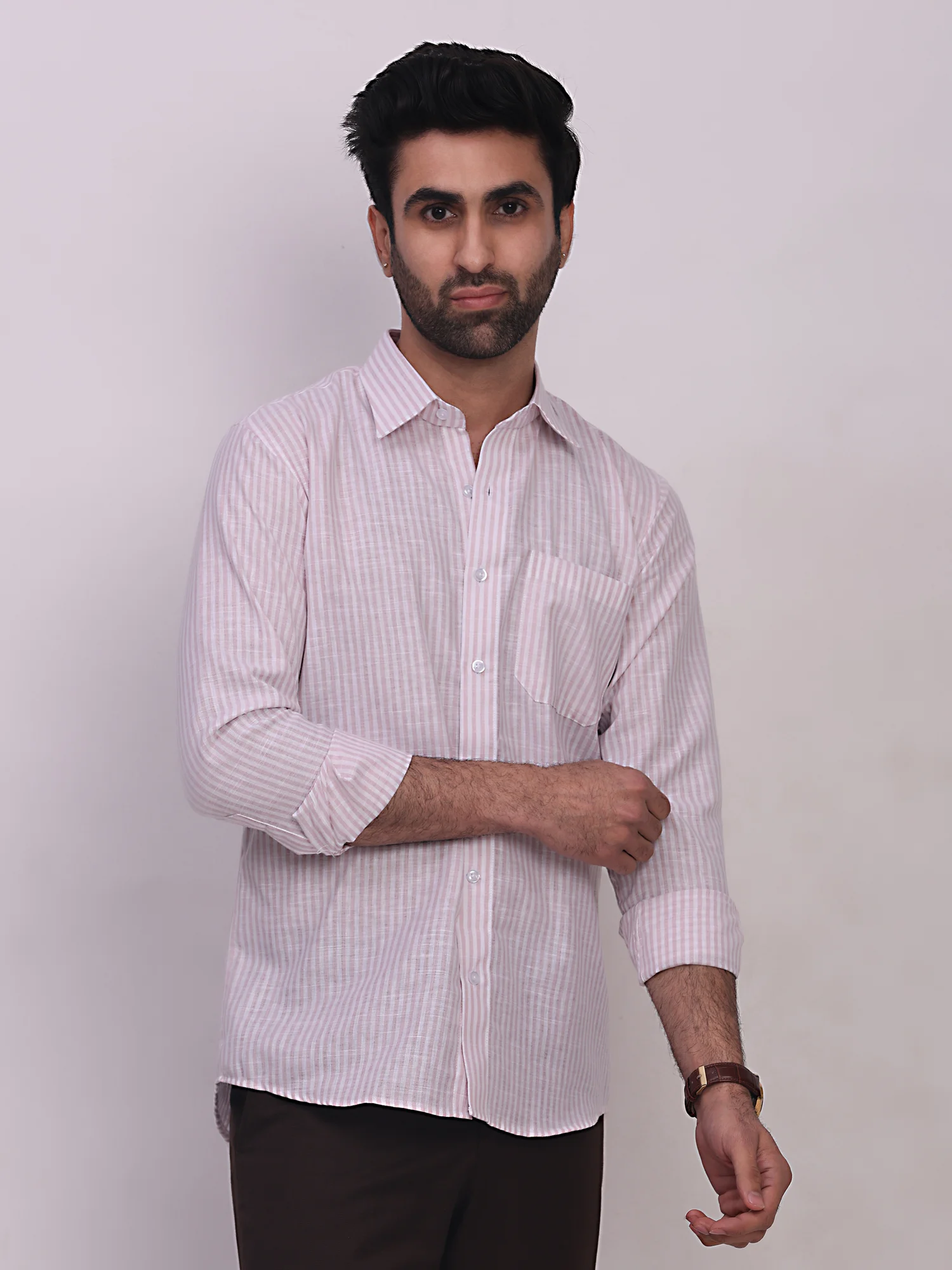 Linen Blend Striped Regular Fit Shirt in Pink