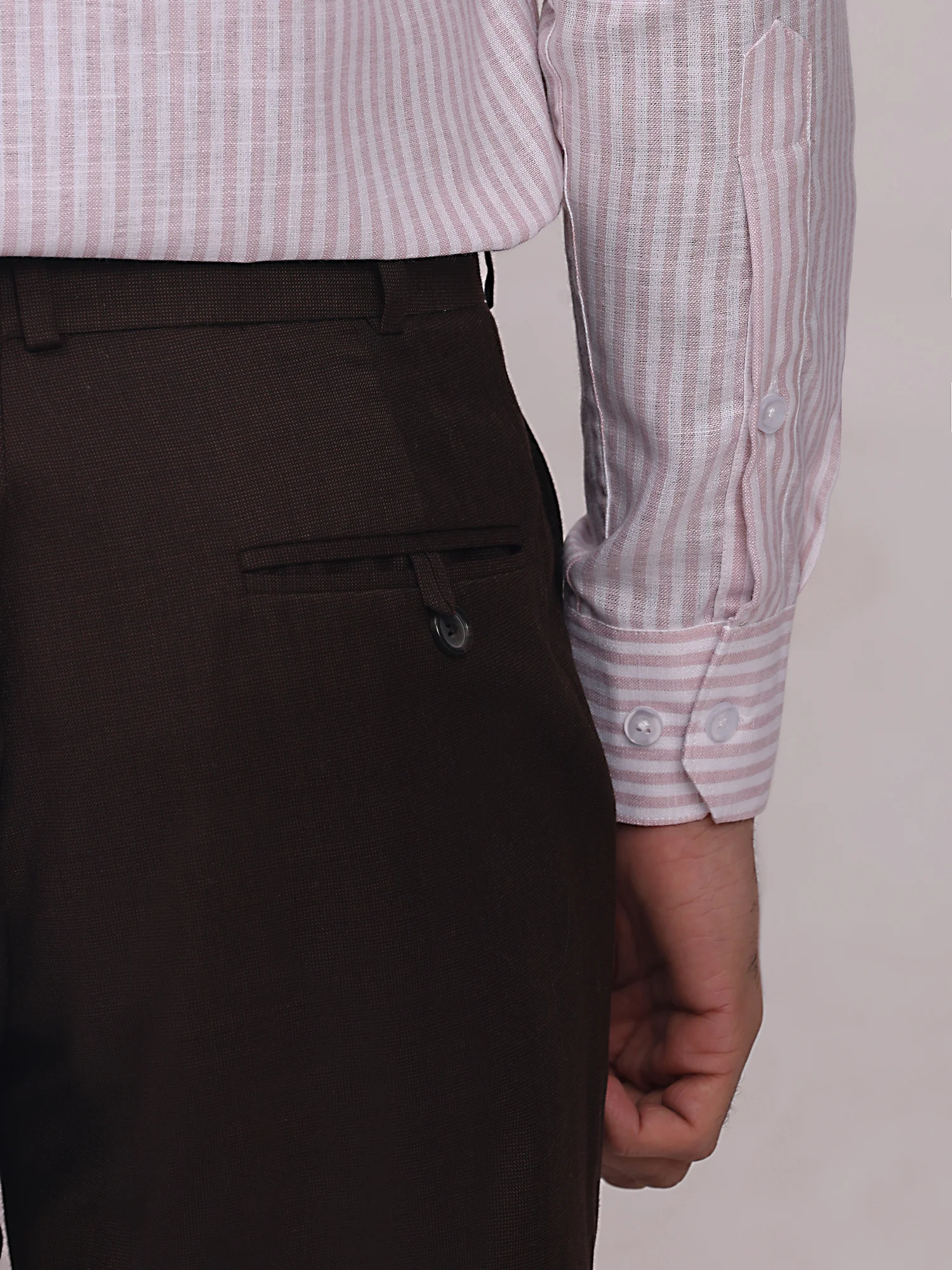 Pink and white striped long-sleeve shirt, front, worn by a model