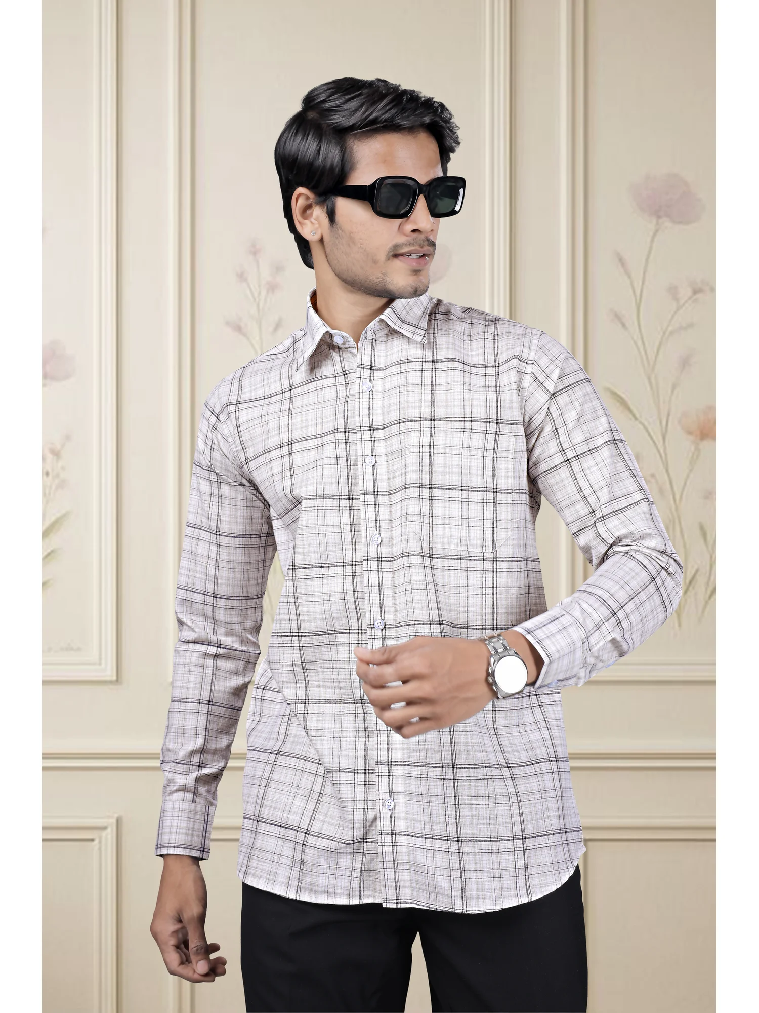 Cotton Linen Checkered Regular Fit Shirt in Black