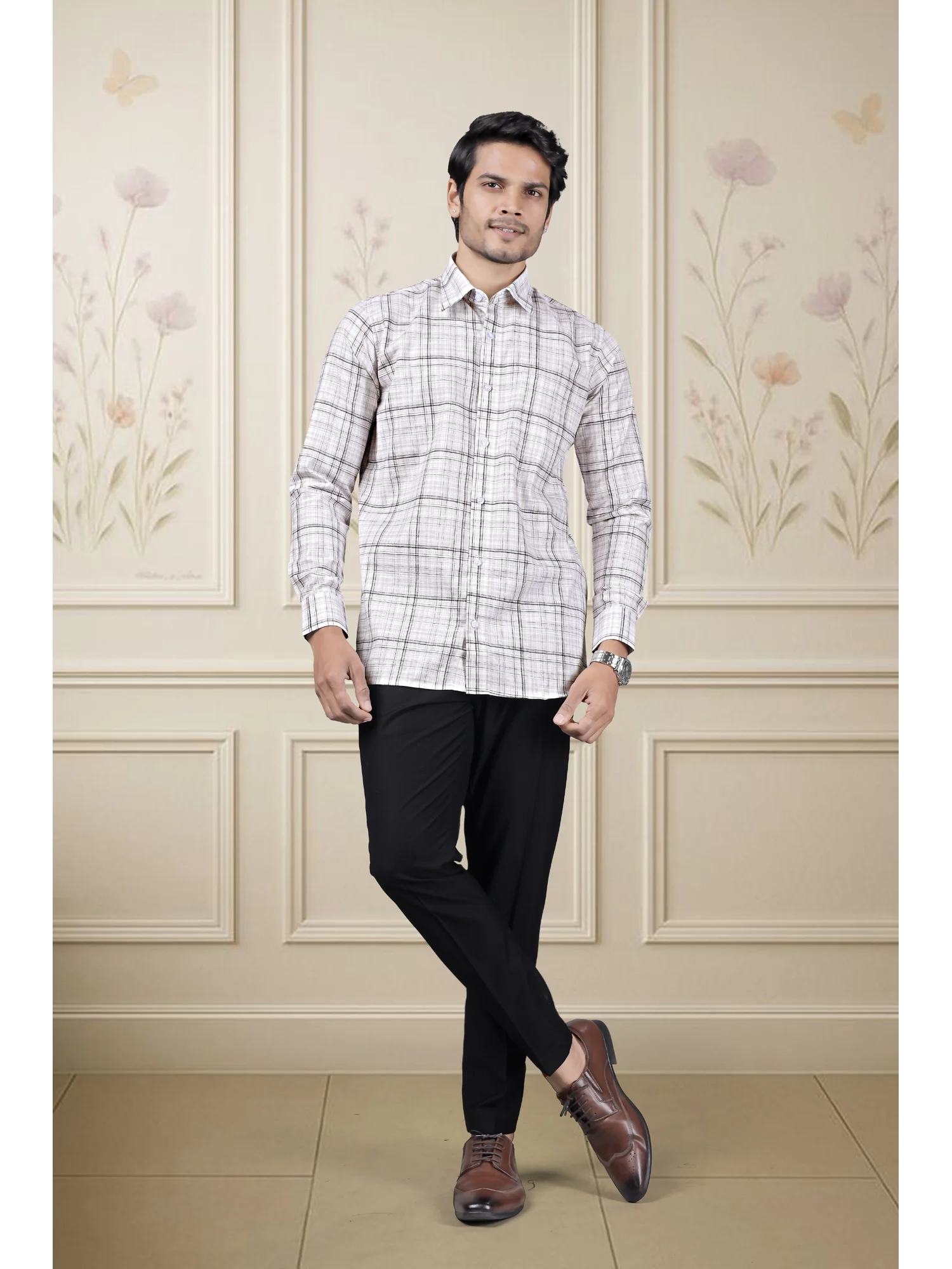 Long sleeve shirt, white and black check, collar, buttons, worn by a model
