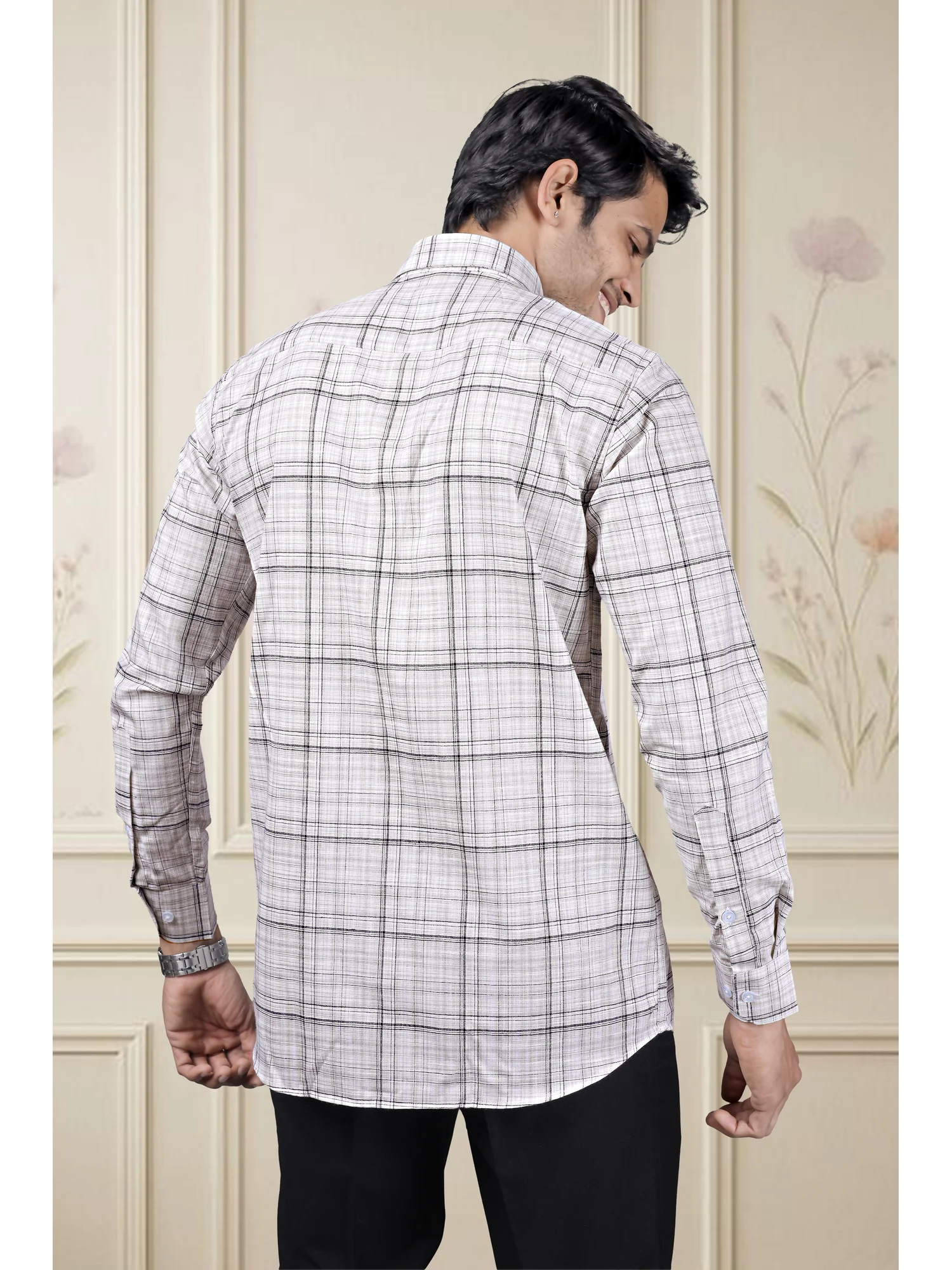 Long sleeve shirt, white and grey check, back view, worn by a model