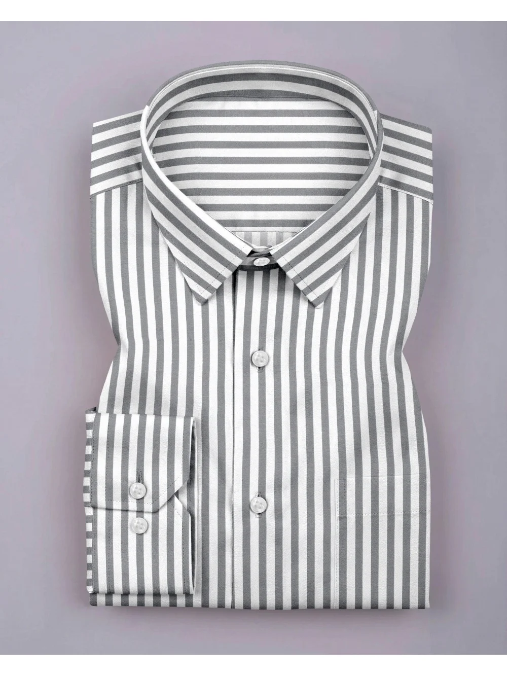 Grey and white striped shirt, folded, collar visible, buttons, pocket