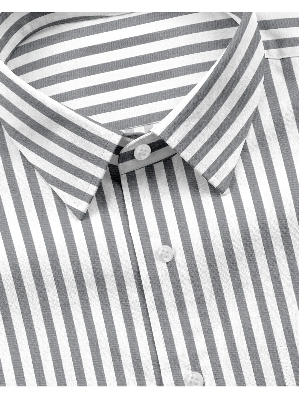 Grey and white striped shirt, collar and buttons visible, close-up
