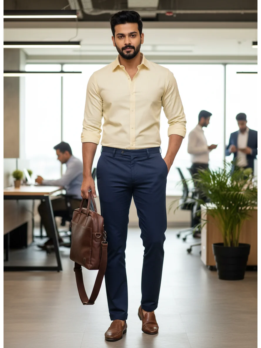 Yellow shirt, front view, worn by a model, collar visible, sleeves rolled up, buttons down front