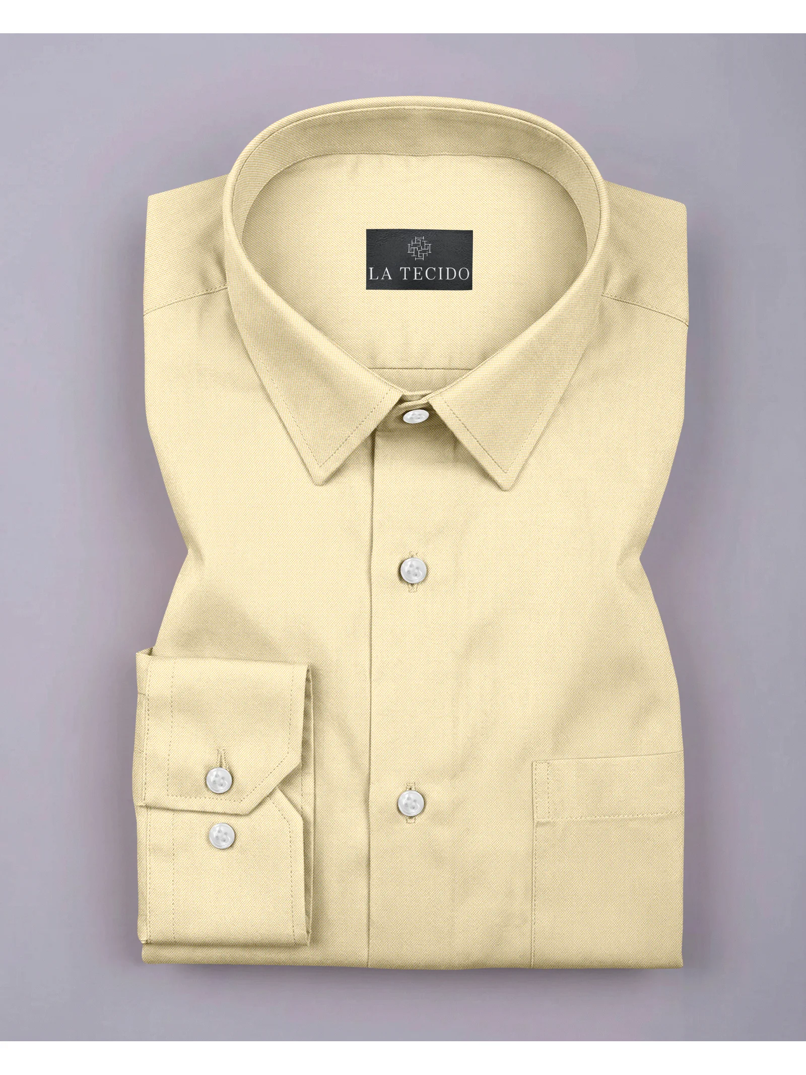 Yellow shirt, flat lay, collar, buttons, cuffs, pockets visible