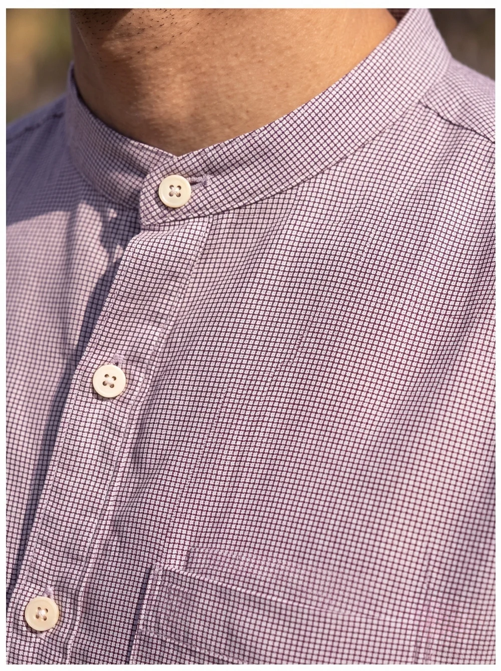 Pink checked kurta, mandarin collar, buttoned placket, close-up