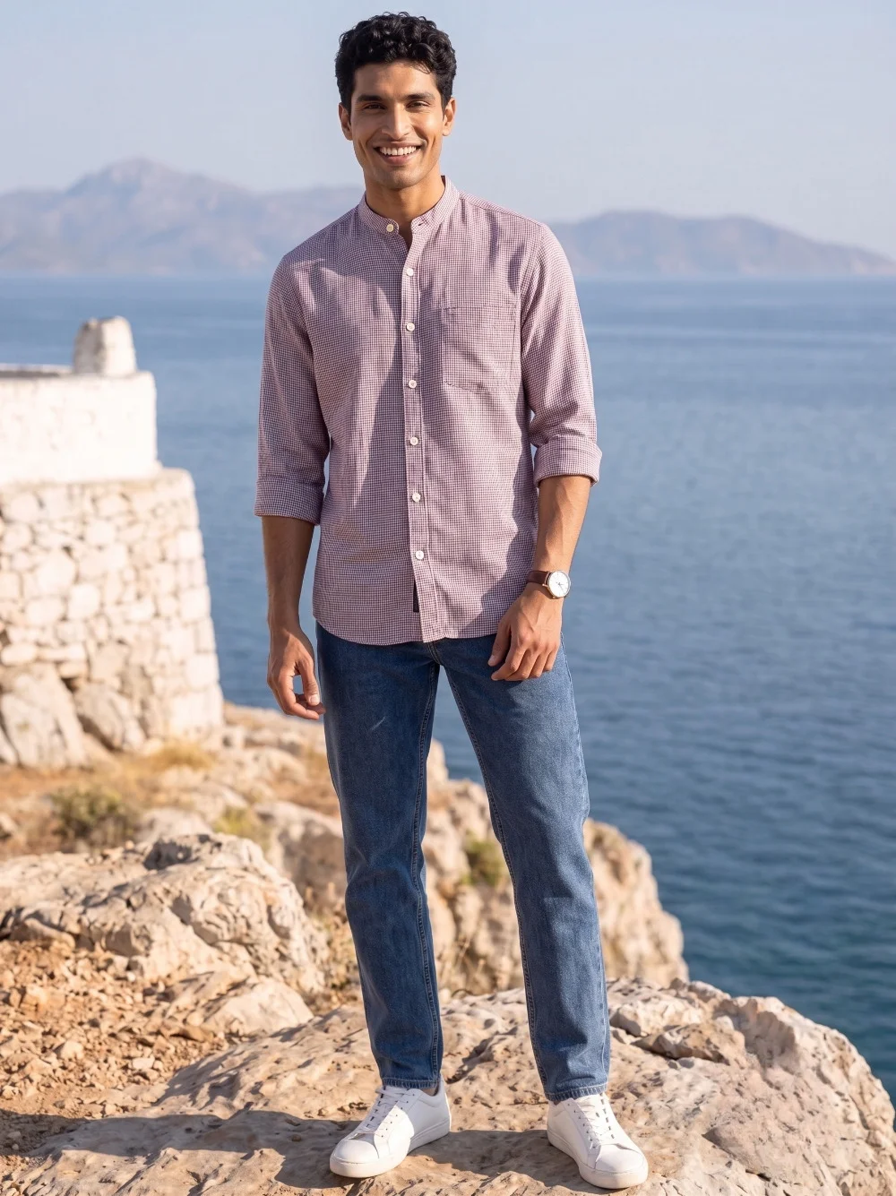 Pink checked kurta with mandarin collar, buttoned front, rolled sleeves