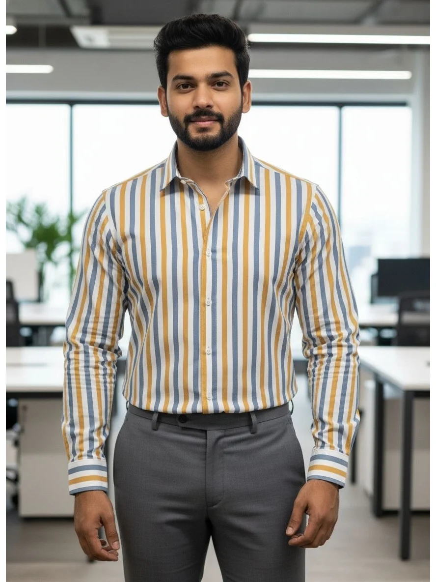 Long sleeved shirt, yellow, blue and white stripes, collar, buttons, worn by a model