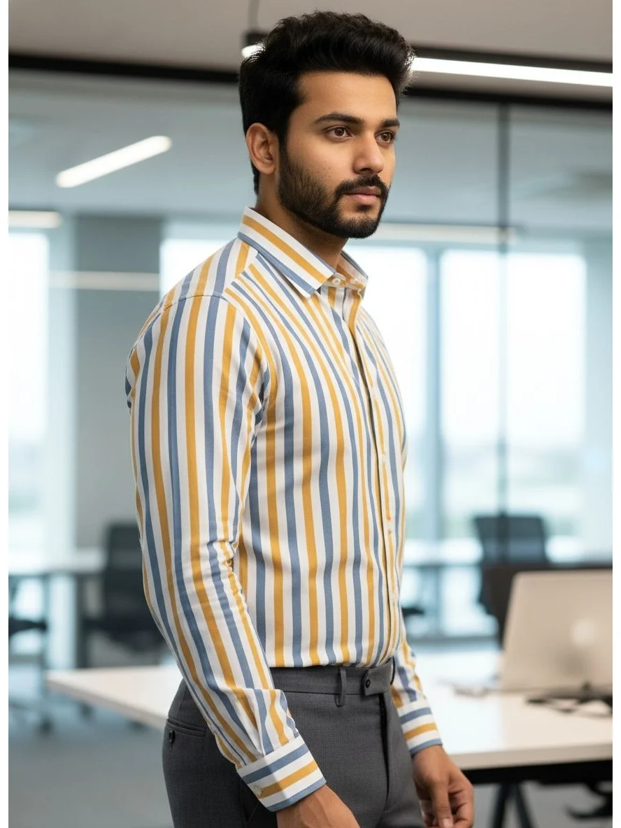 Striped shirt, yellow, blue, and white, worn by a model, collar visible, long sleeves