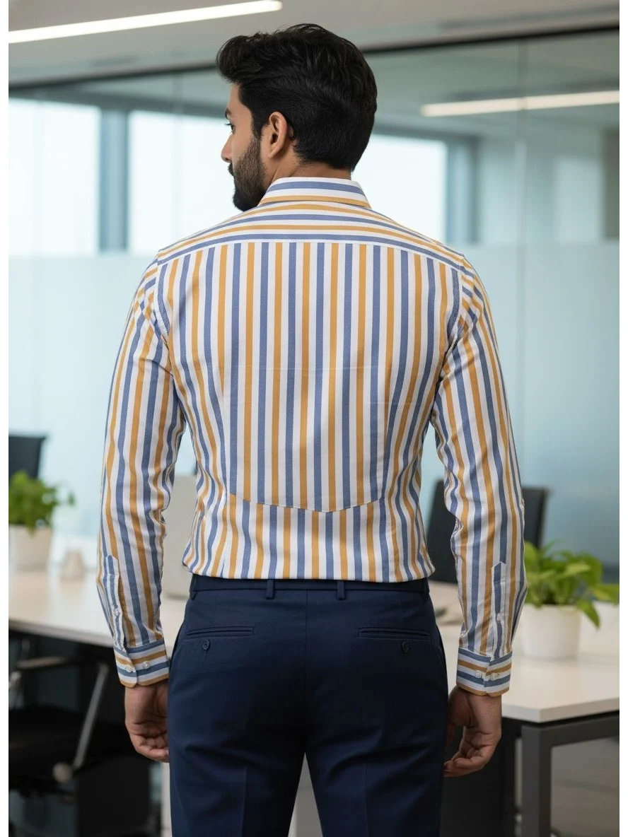Striped shirt, yellow, blue, and white, back view, worn by a model
